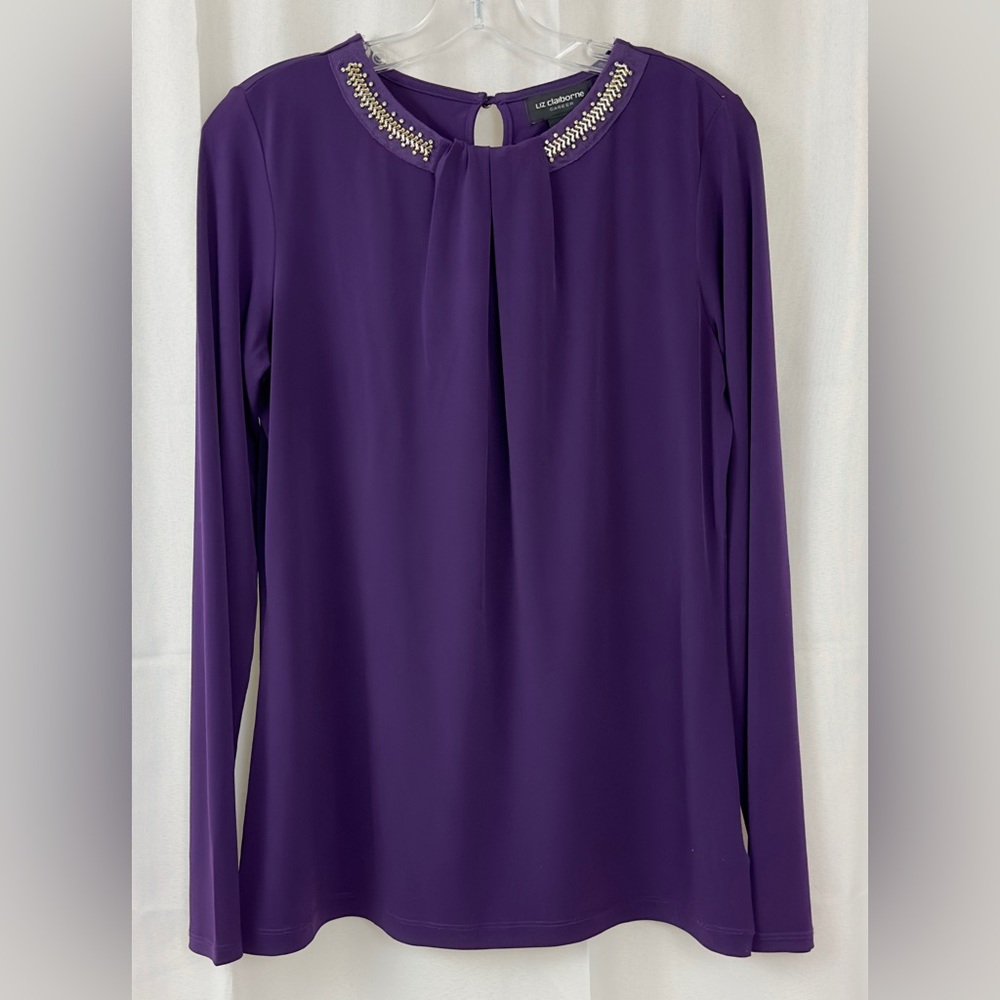 Liz Claiborne Career Deep Purple Pull Over Blouse bejeweled neckline Medium Tall